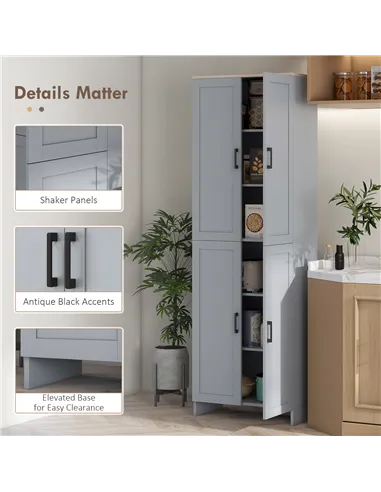 HOMCOM Freestanding Kitchen Cupboard, 4-Door Storage Cabinet with Adjustable Shelves, Modern Kitchen Pantry for Dining Room, 170