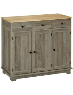 HOMCOM Sideboard with Rubber Wood Top, Modern Storage Cabinet, Kitchen Cupboard with 3 Doors, 3 Drawers and 3 Adjustable Shelves