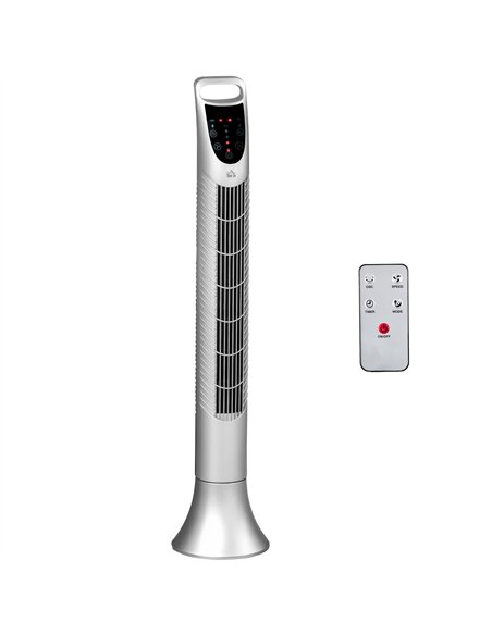 HOMCOM 36'' Freestanding Tower Fan, 3 Speed 3 Mode, 7.5h Timer, 70 Degree Oscillation, LED Panel, 5M Remote Controller, Silver
