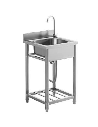 HOMCOM Outdoor Utility Sink, Stainless Steel Free Standing Single Bowl Kitchen Sink with Cold and Hot Water Pipe and Storage She