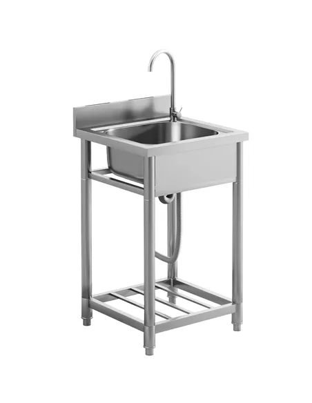 HOMCOM Outdoor Utility Sink, Stainless Steel Free Standing Single Bowl Kitchen Sink with Cold and Hot Water Pipe and Storage She