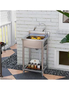 HOMCOM Outdoor Utility Sink, Stainless Steel Free Standing Single Bowl Kitchen Sink with Cold and Hot Water Pipe and Storage She 2