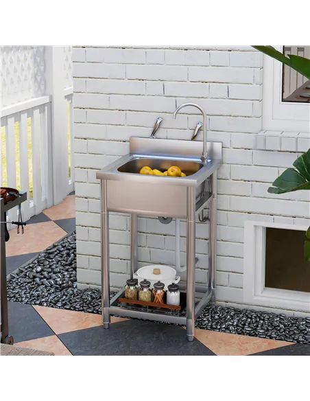 HOMCOM Outdoor Utility Sink, Stainless Steel Free Standing Single Bowl Kitchen Sink with Cold and Hot Water Pipe and Storage She