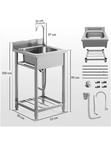 HOMCOM Outdoor Utility Sink, Stainless Steel Free Standing Single Bowl Kitchen Sink with Cold and Hot Water Pipe and Storage She