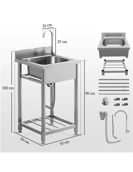 HOMCOM Outdoor Utility Sink, Stainless Steel Free Standing Single Bowl Kitchen Sink with Cold and Hot Water Pipe and Storage She