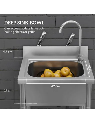 HOMCOM Outdoor Utility Sink, Stainless Steel Free Standing Single Bowl Kitchen Sink with Cold and Hot Water Pipe and Storage She