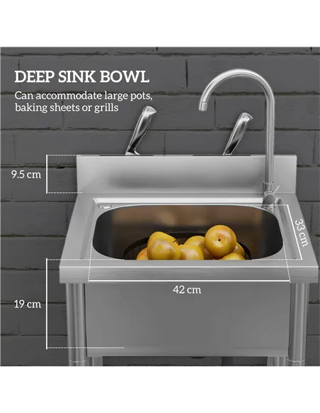 HOMCOM Outdoor Utility Sink, Stainless Steel Free Standing Single Bowl Kitchen Sink with Cold and Hot Water Pipe and Storage She