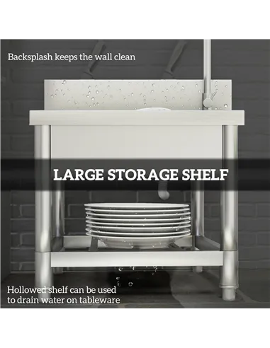 HOMCOM Outdoor Utility Sink, Stainless Steel Free Standing Single Bowl Kitchen Sink with Cold and Hot Water Pipe and Storage She