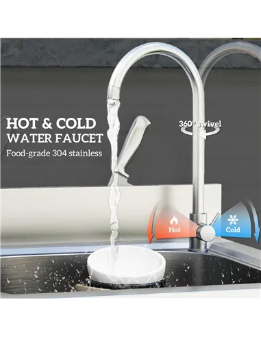 HOMCOM Outdoor Utility Sink, Stainless Steel Free Standing Single Bowl Kitchen Sink with Cold and Hot Water Pipe and Storage She