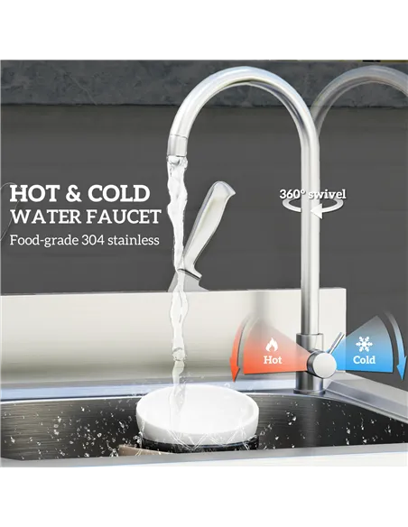 HOMCOM Outdoor Utility Sink, Stainless Steel Free Standing Single Bowl Kitchen Sink with Cold and Hot Water Pipe and Storage She