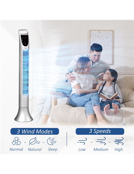 HOMCOM 36'' Freestanding Tower Fan, 3 Speed 3 Mode, 7.5h Timer, 70 Degree Oscillation, LED Panel, 5M Remote Controller, Silver