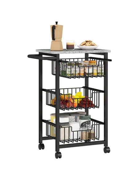 HOMCOM Three Basket Mobile Kitchen Island, with Brakes - Grey/Black