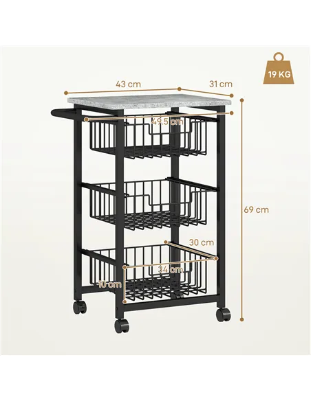 HOMCOM Three Basket Mobile Kitchen Island, with Brakes - Grey/Black