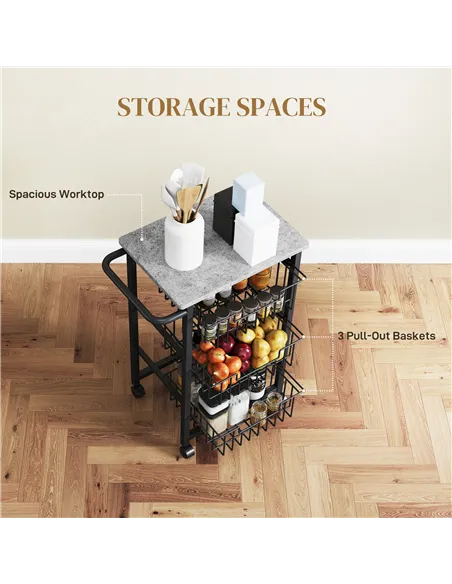 HOMCOM Three Basket Mobile Kitchen Island, with Brakes - Grey/Black