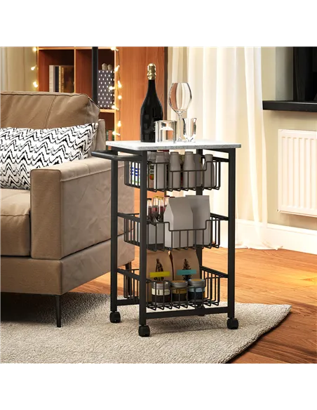 HOMCOM Three Basket Mobile Kitchen Island, with Brakes - Grey/Black