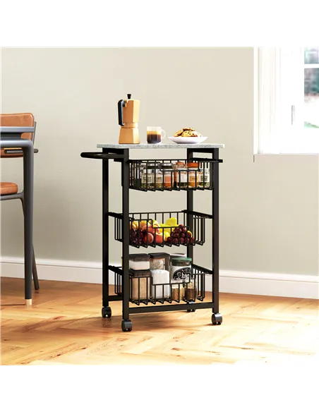 HOMCOM Three Basket Mobile Kitchen Island, with Brakes - Grey/Black