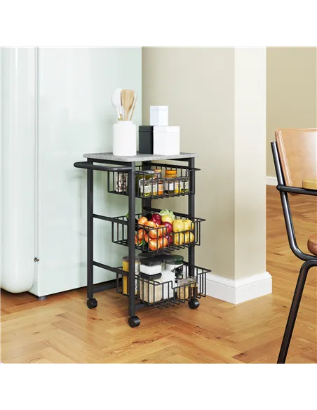 HOMCOM Three Basket Mobile Kitchen Island, with Brakes - Grey/Black
