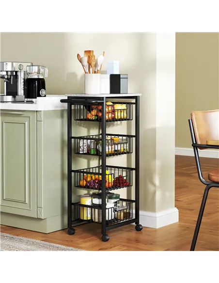 HOMCOM Four Basket Mobile Kitchen Island, with Brakes - Grey/Black