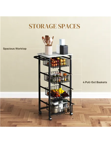 HOMCOM Four Basket Mobile Kitchen Island, with Brakes - Grey/Black