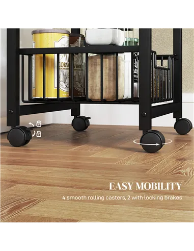 HOMCOM Four Basket Mobile Kitchen Island, with Brakes - Grey/Black