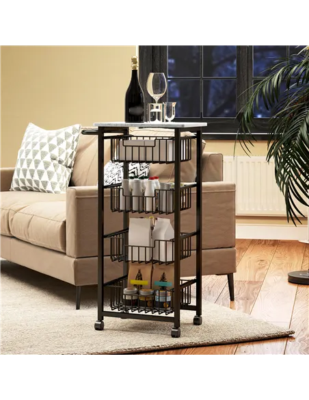 HOMCOM Four Basket Mobile Kitchen Island, with Brakes - Grey/Black