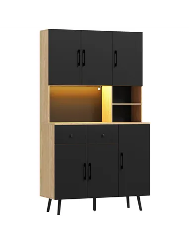 HOMCOM 176 cm Kitchen Cupboard with LED Lights - Oak and Black