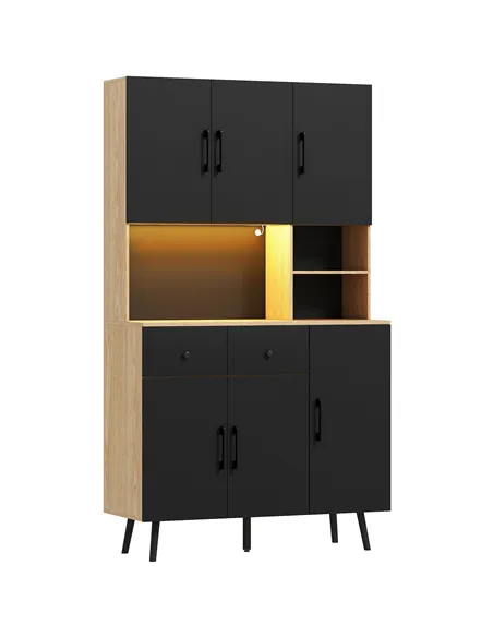 HOMCOM 176 cm Kitchen Cupboard with LED Lights - Oak and Black