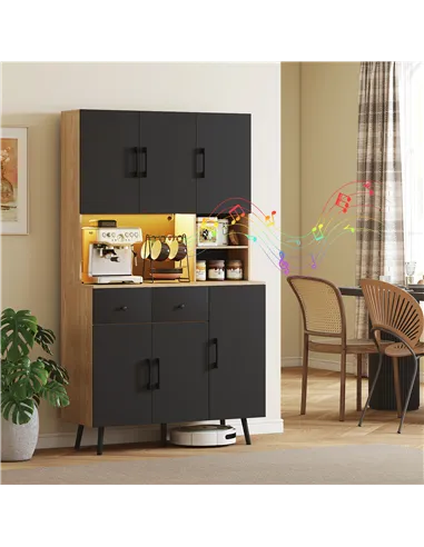 HOMCOM 176 cm Kitchen Cupboard with LED Lights - Oak and Black