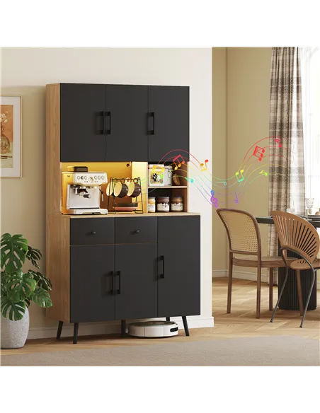 HOMCOM 176 cm Kitchen Cupboard with LED Lights - Oak and Black