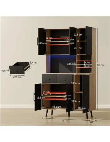HOMCOM 176 cm Kitchen Cupboard with LED Lights - Oak and Black