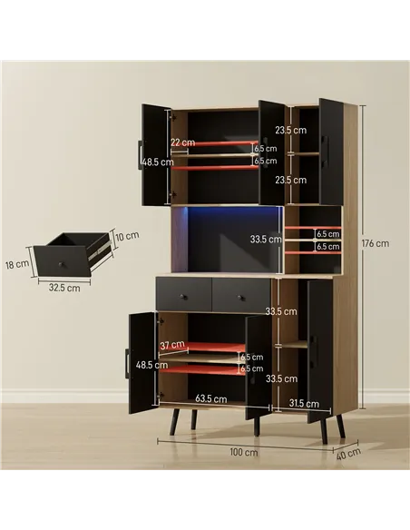 HOMCOM 176 cm Kitchen Cupboard with LED Lights - Oak and Black