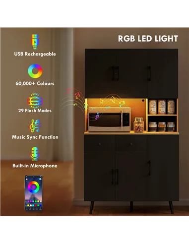 HOMCOM 176 cm Kitchen Cupboard with LED Lights - Oak and Black