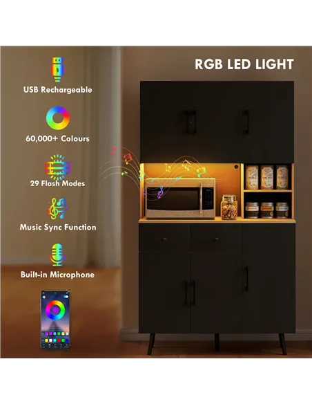 HOMCOM 176 cm Kitchen Cupboard with LED Lights - Oak and Black