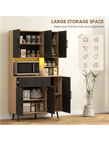 HOMCOM 176 cm Kitchen Cupboard with LED Lights - Oak and Black
