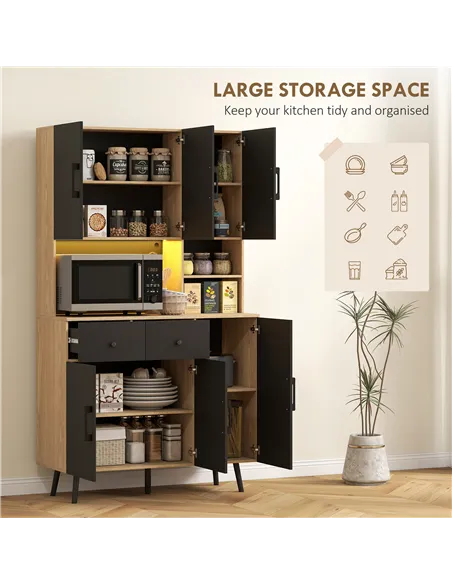 HOMCOM 176 cm Kitchen Cupboard with LED Lights - Oak and Black