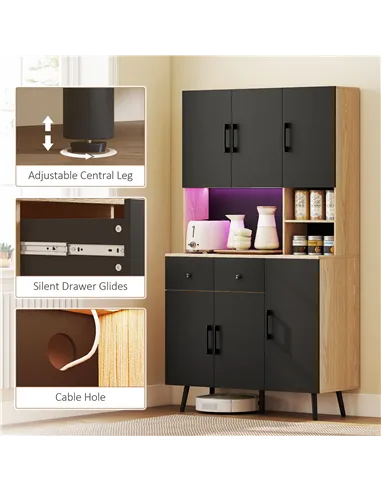 HOMCOM 176 cm Kitchen Cupboard with LED Lights - Oak and Black