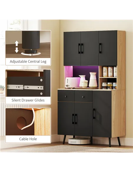 HOMCOM 176 cm Kitchen Cupboard with LED Lights - Oak and Black