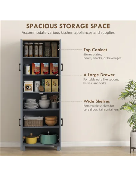 HOMCOM Freestanding Kitchen Cupboard, 4-Door Storage Cabinet with Adjustable Shelves, Modern Kitchen Pantry for Dining Room, 170