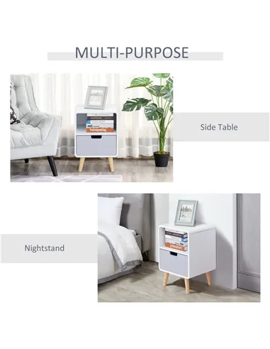 HOMCOM Wooden Bedside Table End Nightstand With Drawer Wood Lamp Desk Storage Unit Bedroom Scandinavian Nordic Style