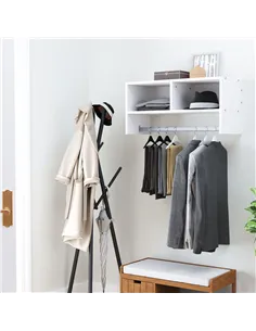 HOMCOM Wall Mounted Coat Hanger Hooks Rack Stand Hallway Coat Rack Rail & Storage Shelf Hanging Coat Organizer (White) 2