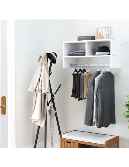 HOMCOM Wall Mounted Coat Hanger Hooks Rack Stand Hallway Coat Rack Rail & Storage Shelf Hanging Coat Organizer (White)
