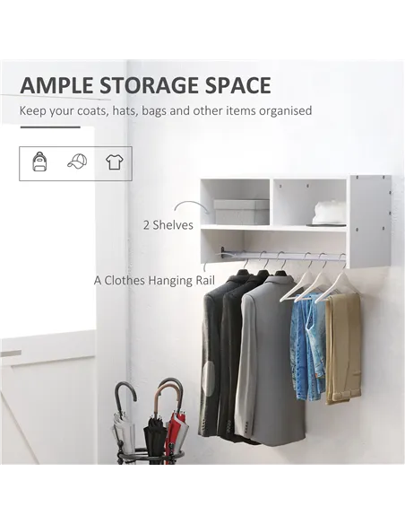 HOMCOM Wall Mounted Coat Hanger Hooks Rack Stand Hallway Coat Rack Rail & Storage Shelf Hanging Coat Organizer (White)