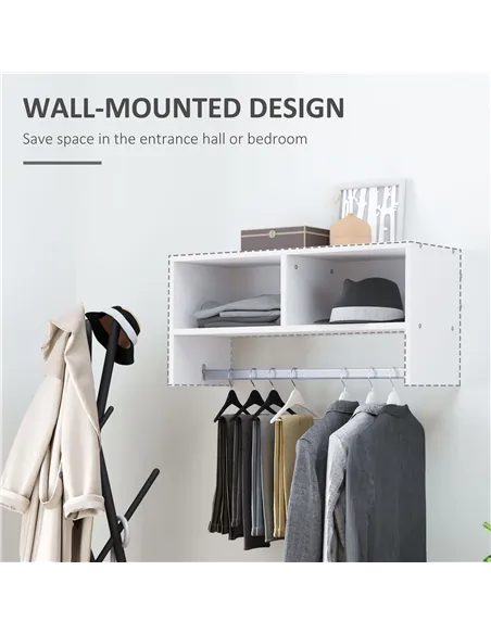 HOMCOM Wall Mounted Coat Hanger Hooks Rack Stand Hallway Coat Rack Rail & Storage Shelf Hanging Coat Organizer (White)