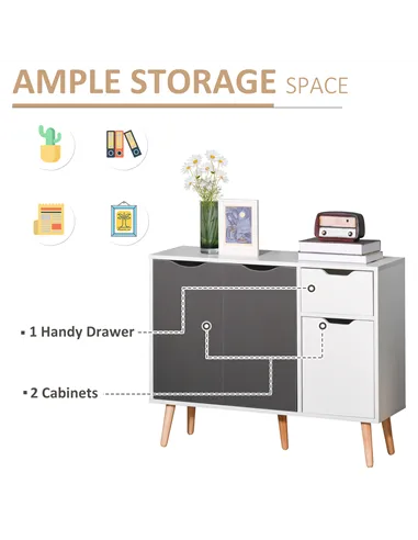 HOMCOM Sideboard Floor Standing Storage Cabinet with Drawer for Bedroom, Living Room, Home Office, Grey