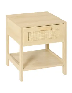 HOMCOM Nightstand with Rattan Drawer and Storage Shelf, Bedside End Table for Bedroom, Living Room