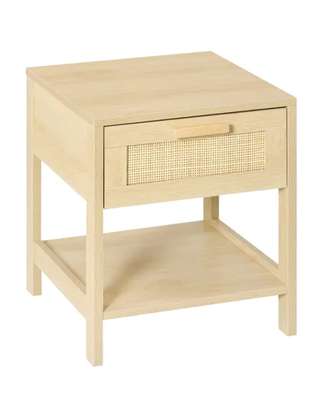 HOMCOM Nightstand with Rattan Drawer and Storage Shelf, Bedside End Table for Bedroom, Living Room