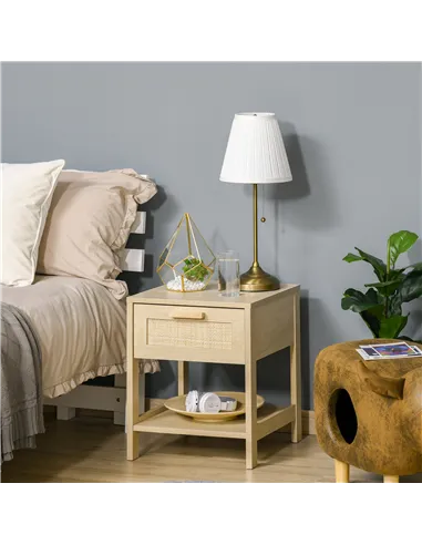 HOMCOM Nightstand with Rattan Drawer and Storage Shelf, Bedside End Table for Bedroom, Living Room