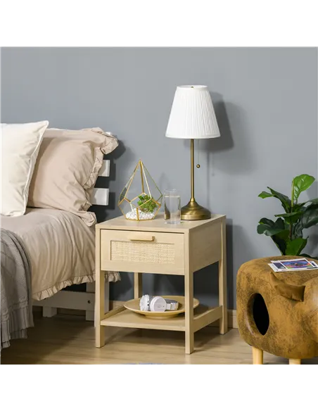 HOMCOM Nightstand with Rattan Drawer and Storage Shelf, Bedside End Table for Bedroom, Living Room