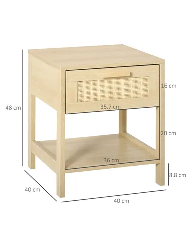 HOMCOM Nightstand with Rattan Drawer and Storage Shelf, Bedside End Table for Bedroom, Living Room