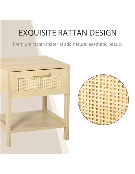 HOMCOM Nightstand with Rattan Drawer and Storage Shelf, Bedside End Table for Bedroom, Living Room